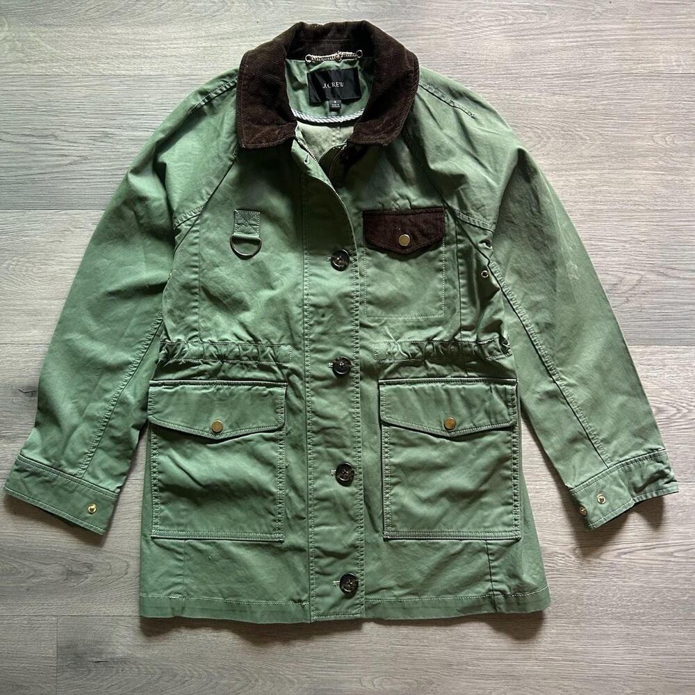 J.Crew Women's Olive Green Utility Barn Jacket with Brown Corduroy Collar Sz, S
